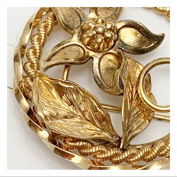 12k gold filled flower circle wreath brooch pin - Picture 8 of 10